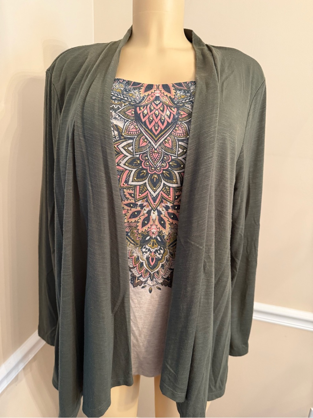 White Stag Olive Green Aztec Women's Top Faux 2 Piece Set